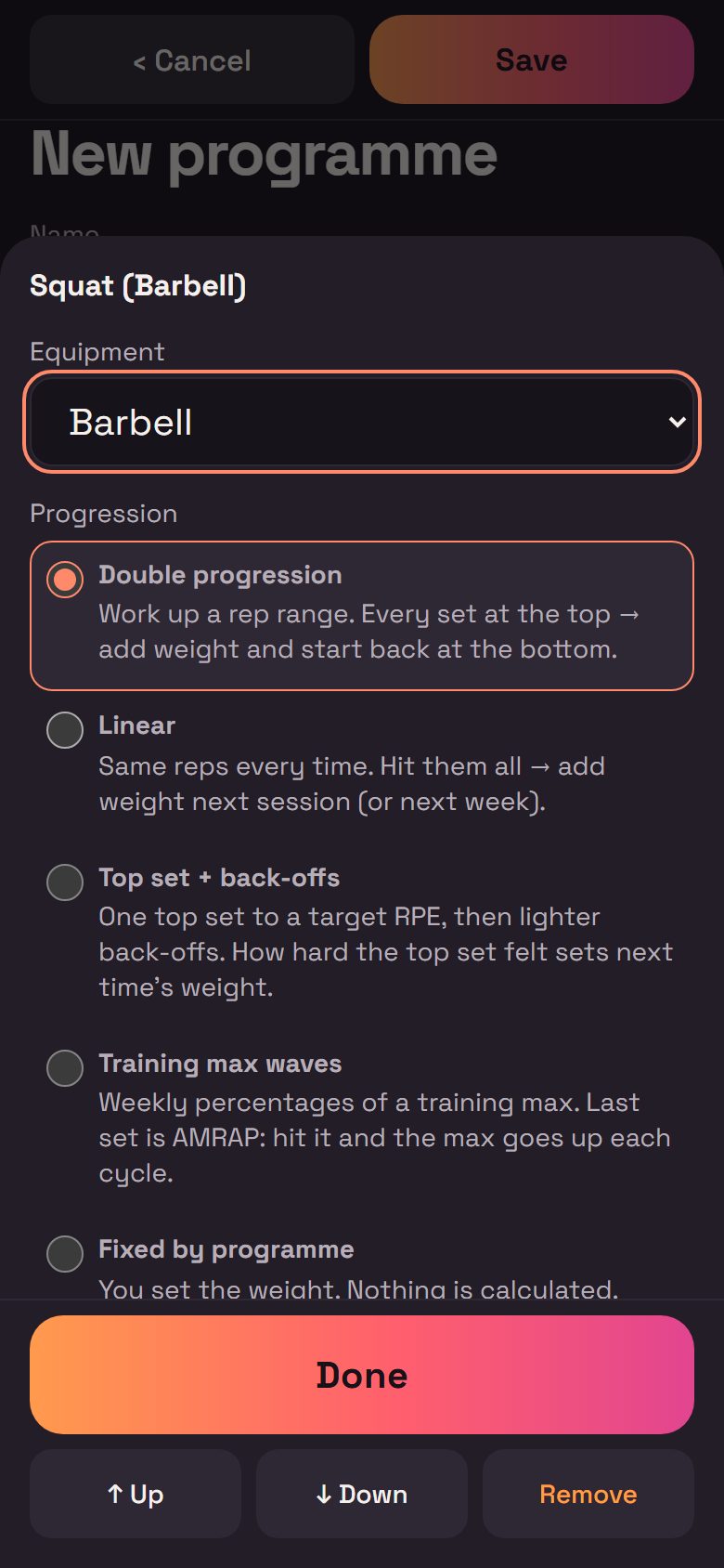 The programme builder's progression choices: double progression, linear, top set with back-offs, training max waves, or fixed.