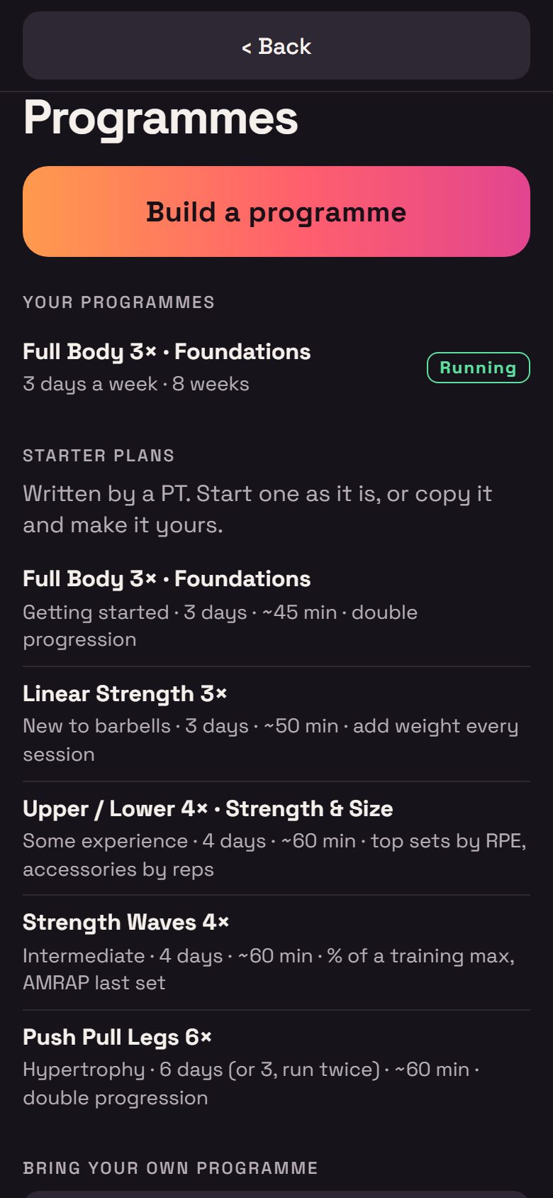 The programme folder: your programmes and five starter plans.