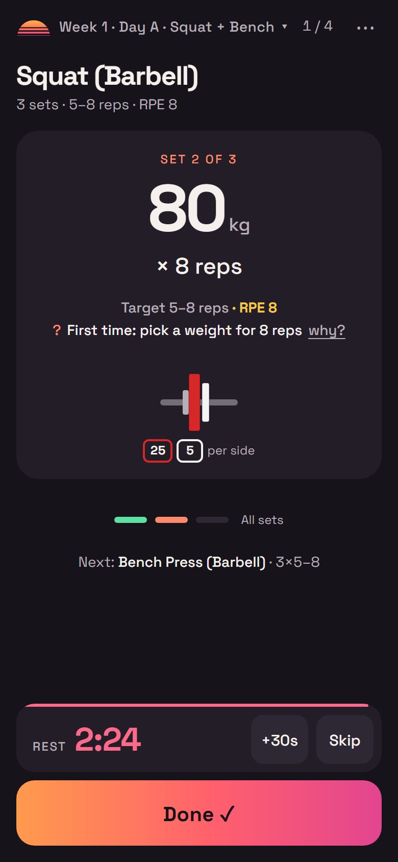 A set in progress: 80 kg for 8 reps, the plates to load per side, and the rest timer.