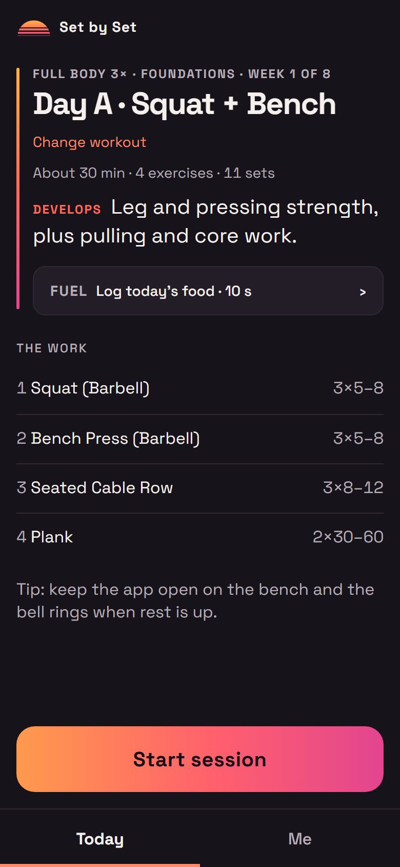 The Today screen: the day's training with its programme week, estimated time, what it develops, and the food check-in.